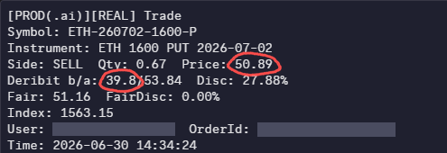 clickoptions_ai's tweet photo. When the spread is 21% of the trade 🤔

This ETH put closed at 50.89 — basically fair value (51.16).
On Deribit, the best bid was 39.8. Exiting there would've been ~21% worse.

When the leader in the space sits this far from fair value, no wonder crypto options volumes lag. https://t.co/JLTYfypHoM