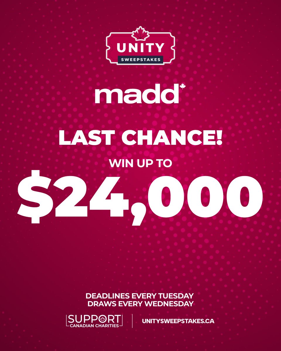 maddcanada's tweet photo. 🔔 Tonight's the night — don't miss your shot!
Ticket sales close at 11:59pm → [bitly]

One winner is about to take home:
💰 $5,000 guaranteed
🔐 A chance at The Vault — now holding $19,000

That's $24,000 on the line for one person tonight.
Could it be you? Get in before midnight → https://t.co/jSnB6CYRGq

NO PURCHASE NECESSARY. Open to individuals located in Ontario and Saskatchewan who are at least eighteen (18) years of age at the time of entry or the age of majority in their jurisdiction of residence. Void where prohibited. Contest closes June 30, 2026, 11:59PM (EST). Correctly answered math skill-testing question required to win. One (1) Grand Prize Approx. Retail Value is CDN $5,000. There is no limit to the number of entries the Sponsor may receive, however each entrant is limited to 10 ticket values per purchase and a maximum of 1000 entries per person (regardless of the method of entry). Odds of winning the Grand Prize depend on number of eligible entries received by the Sponsor. The confirmed Grand Prize winner will be offered the opportunity for a chance to win an additional Bonus Prize if their selected switch combination matches the RNG combination. The Bonus Prize is not guaranteed. Full Bonus Prize value is $19,000. Odds of Grand Prize Winner winning the Bonus Prize range from 1 in 2 (for 10% of the Bonus Prize) to 1 in 32 (for 100% of the Bonus Prize). If the Bonus Prize is not won, it may be rolled over to a future sweepstakes. See the Official Rules for full details at: https://t.co/tFfRaYRHjW