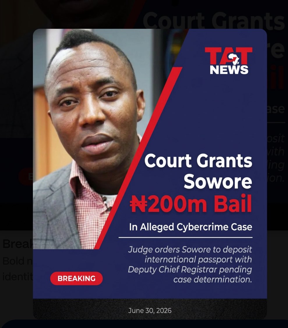 TATNews9's tweet photo. Court Grants Sowore ₦200m Bail In Alleged Cybercrime Case

The judge ordered Sowore to deposit his international passport with the Deputy Chief Registrar of the court pending the determination of the case.”

#TATNews #transafricantabloid #africannationalists #nigeria https://t.co/u4jJybvPPl