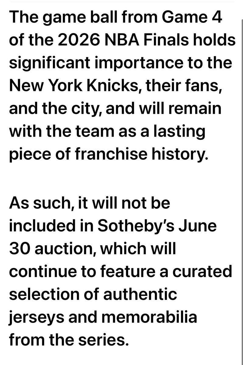 darrenrovell's tweet photo. BREAKING: 30 minutes before the @Sothebys NBA Finals Auction was to begin (10am ET), the OG Game 4 ball has been PULLED.

The ball will go to the New York Knicks. 

We have obtained a statement from an NBA spokesperson: https://t.co/tdNq6RdbZR