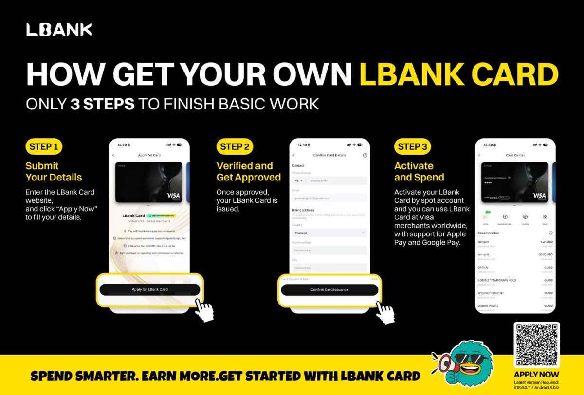 LBankPT's tweet photo. Obter seu próprio Cartão LBank é muito fácil, leva apenas 3 passos. 💳

Envie seus dados, verifique e aprove seu cartão e ative-o para começar a gastar de forma mais inteligente com pagamentos instantâneos, Apple Pay e Google Pay.

Solicite agora:
https://t.co/HyHU8bjyDT

#LBank #LBankCard #Crypto