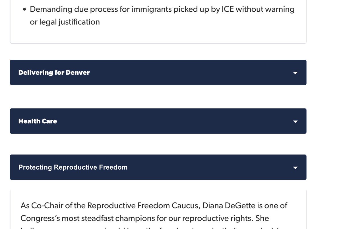TheDeeby's tweet photo. Inexplicably, @RepDianaDeGette's website does not expand on "Delivering for Denver" and "Health Care". https://t.co/rPGz26o2uF