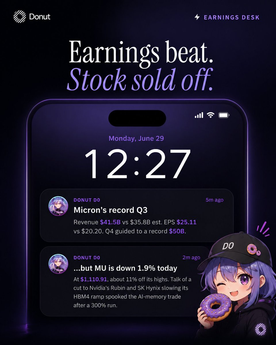 rohaniya571's tweet photo. A few violent hours in $MU remind you how quickly emotions can take over

That's where 🍩 @DonutAI D0 becomes useful

Instead of reacting 🤯 to the move ask why it happened

Better context leads to better decisions

Separate signal 📉 from noise before making your next call https://t.co/TeYhOC6Uk8