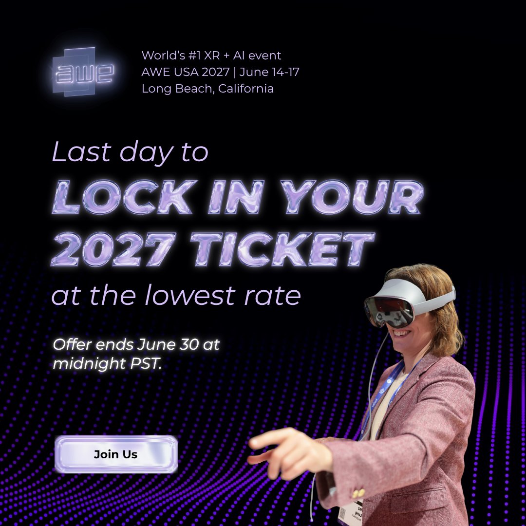 ARealityEvent's tweet photo. Today is the last day to secure your spot for AWE USA 2027 at the absolute lowest rate

Join us in Long Beach from June 14 to 17, 2027, by locking in your pass before the price goes up tonight, June 30, at midnight PST.

Get your ticket: https://t.co/WnwGQxgakA

#AWE2027 https://t.co/D4ZhoXoKFl