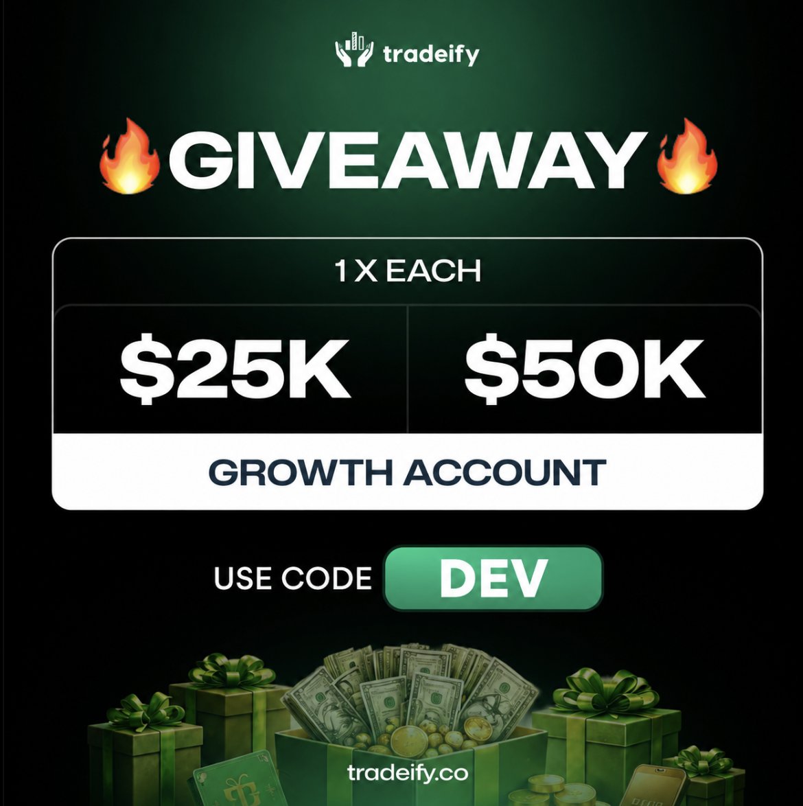 devender_fx's tweet photo. 🔥 $25K + $50K Growth Account Giveaway 🔥

✅ Follow @Tradeify @devender_fx
✅ Like + Repost ♻️
✅ Sign Up: https://t.co/JgXOHSzA13
✅ Use Code: DEV for Bonus Entries 🚀

Good luck everyone! 🍀 https://t.co/zt3fXhLEtR
