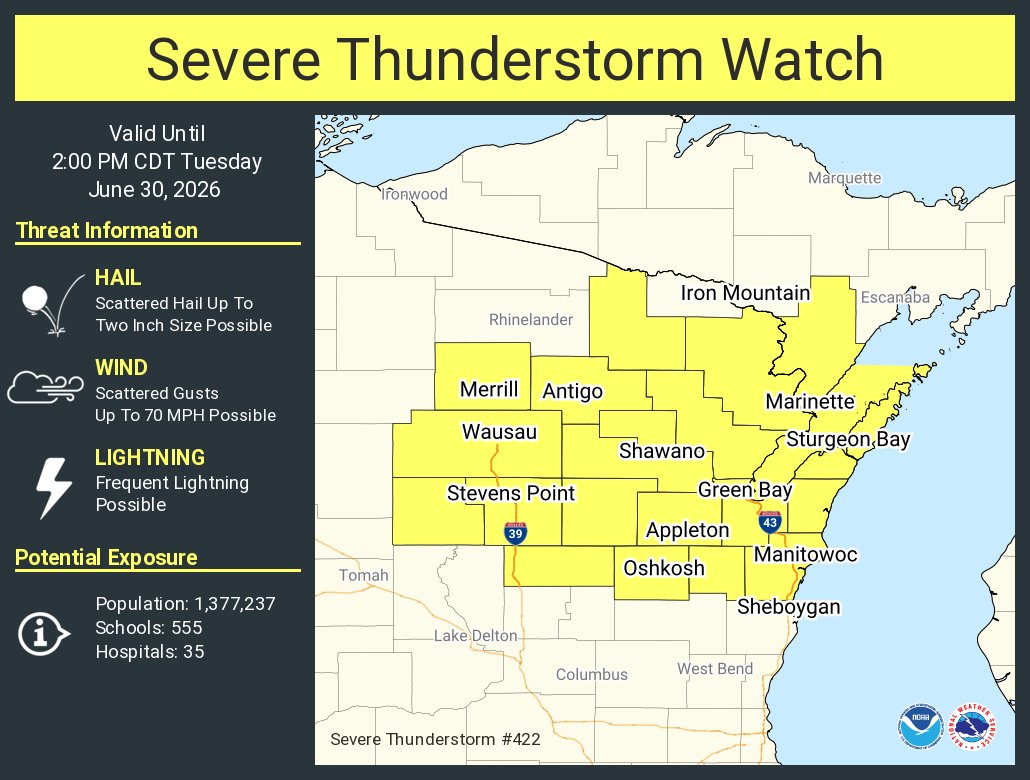 NWSGreenBay's tweet photo. A severe thunderstorm watch has been issued for parts of Michigan and Wisconsin until 2 PM CDT https://t.co/FPy1Ji1n3A