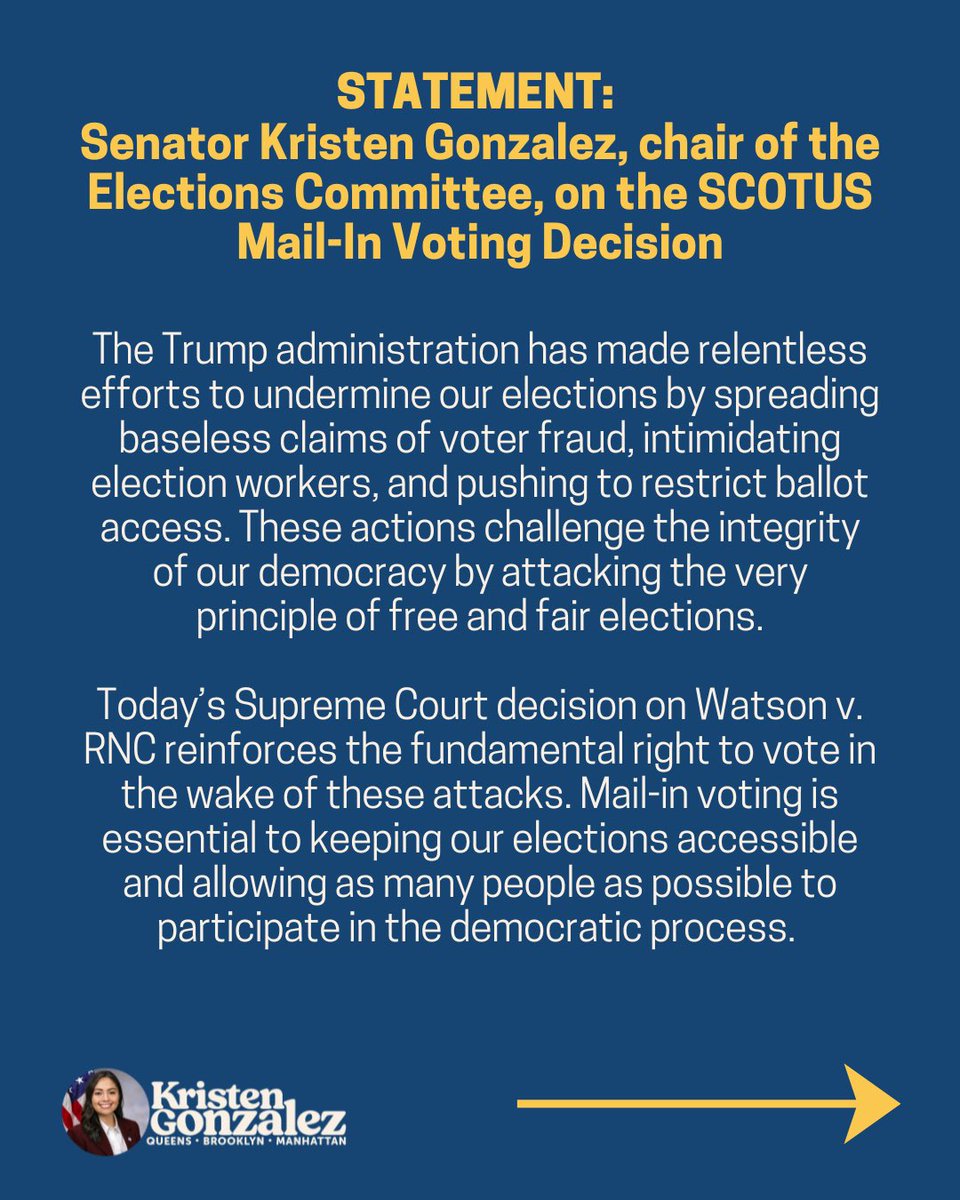 SenGonzalezNY's tweet photo. My statement on the Supreme Court decision on Watson v. RNC, to protect mail-in voting. https://t.co/71avCPkk7W