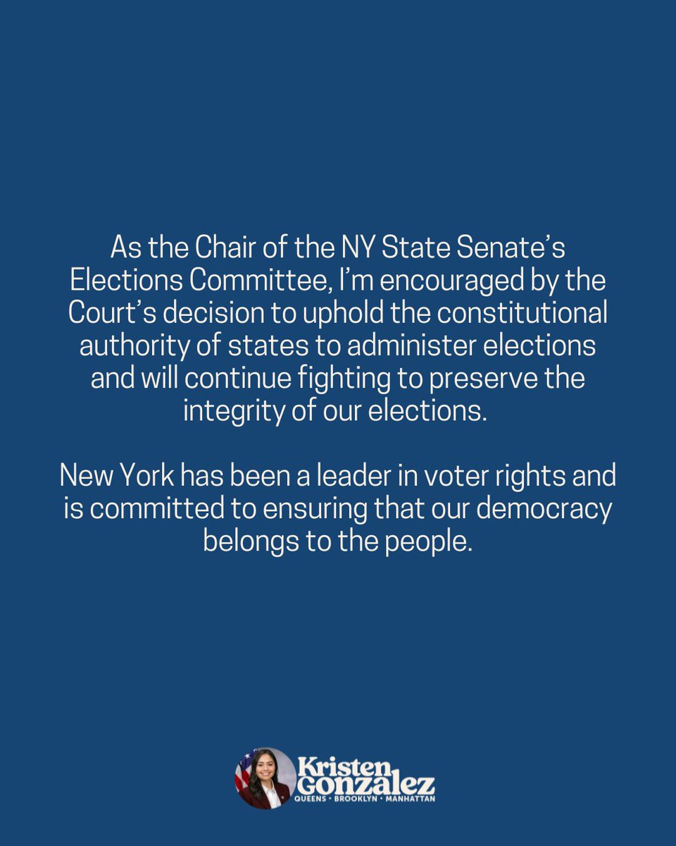 SenGonzalezNY's tweet photo. My statement on the Supreme Court decision on Watson v. RNC, to protect mail-in voting. https://t.co/71avCPkk7W