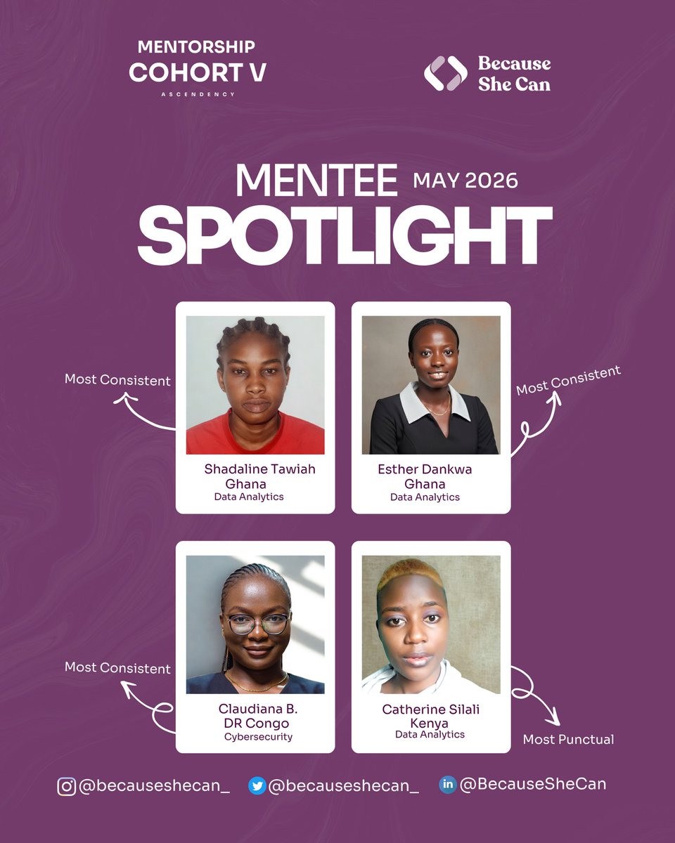 becauseshecan_'s tweet photo. Success is built on the habits you practice every day. 💜
Congratulations to our May 2026 Mentee Spotlight recipients for standing out through consistency and punctuality in the #BecauseSheCan Mentorship Cohort V.
#MenteeSpotlight #WomenInTech #BSCMentorship #Ascendency https://t.co/aCROyQrPqS