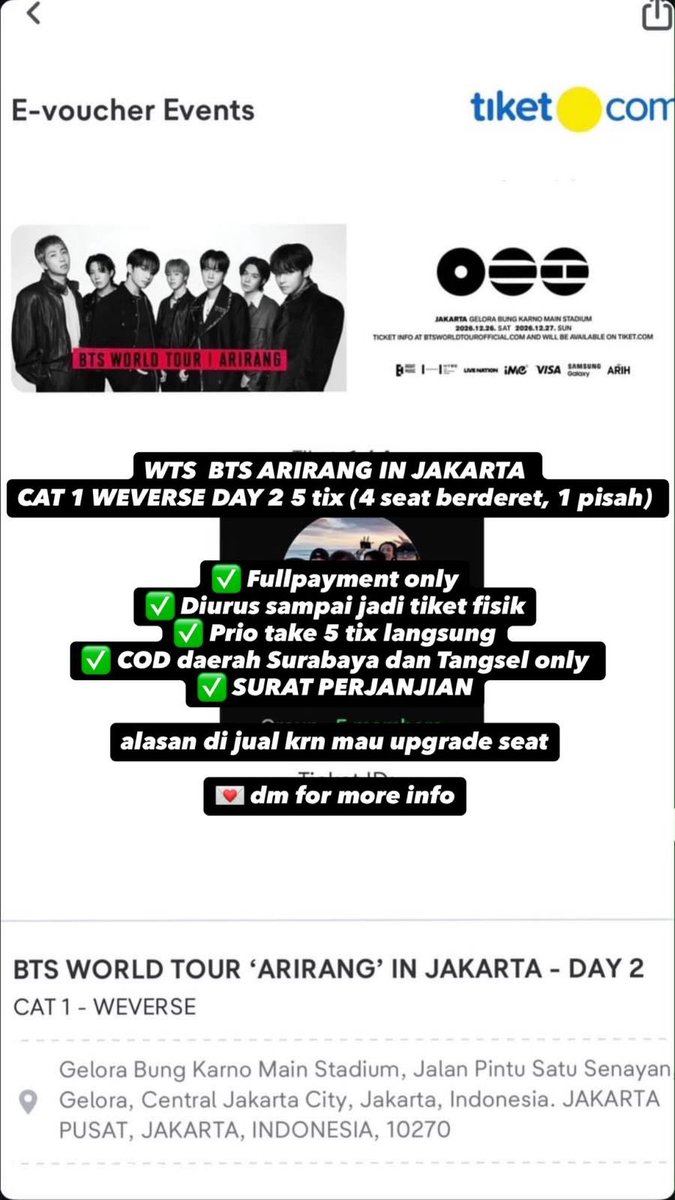 naswacika's tweet photo. BTS ARIRANG IN JAKARTA 
CAT 1 WEVERSE DAY 2 2tix (2 seat berderet) dpt dr jastip
 
💸:https://t.co/5z1JOJhV4I

✅ Fullpay only
✅ Diurus smp jadi tiket fisik
✅ COD daerah Surabaya dan Tangsel only 
✅ SURAT PERJANJIAN

💌 dm for more info https://t.co/3T80DaWv04