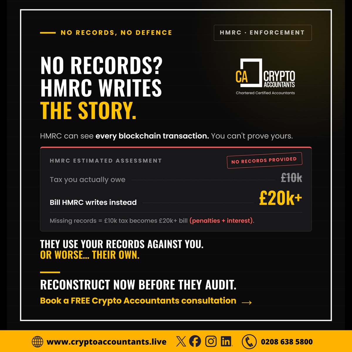 CryptoAccUK's tweet photo. HMRC can see every blockchain transaction.

If you can't prove your cost basis with records, they'll use theirs.

And theirs are worse for you.

Get your records in order before they audit.

📞 Crypto Accountants: 0208 638 5800
🌐 https://t.co/3TjkJY5VK6
📌 https://t.co/qvWa1T0mXY

#CryptoTax #HMRC #UKCrypto