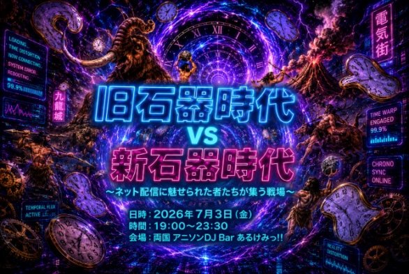 drumofweed's tweet photo. 【告知】
旧石器時代 VS 新石器時代 vol.02
〜ネット配信に魅せられた者たちが集う戦場〜
https://t.co/msAHx6qRYn
26.7.3（金）19:00〜23:30 #両国あるけみっ!!
料金:通常料金
ハッシュタグ→ #新旧ネット配信の戦い
旧石器時代 vs 新石器時代
配信カルチャーの覇権を賭けた全面戦争、開始！ https://t.co/TAK51kWvVi