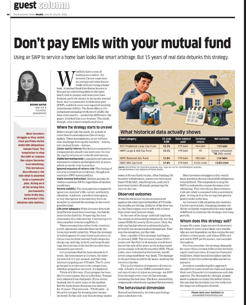 GoalBridge's tweet photo. Closing loan vs Investing in mutual funds and service EMI via Systematic Withdrawal Plan (SWP). Does the math work out in reality compared to an excel sheet. Check out in my latest column published in @ET_Wealth 

(SEBI RIA No - INA000016038) https://t.co/YTyAyl8zw2
