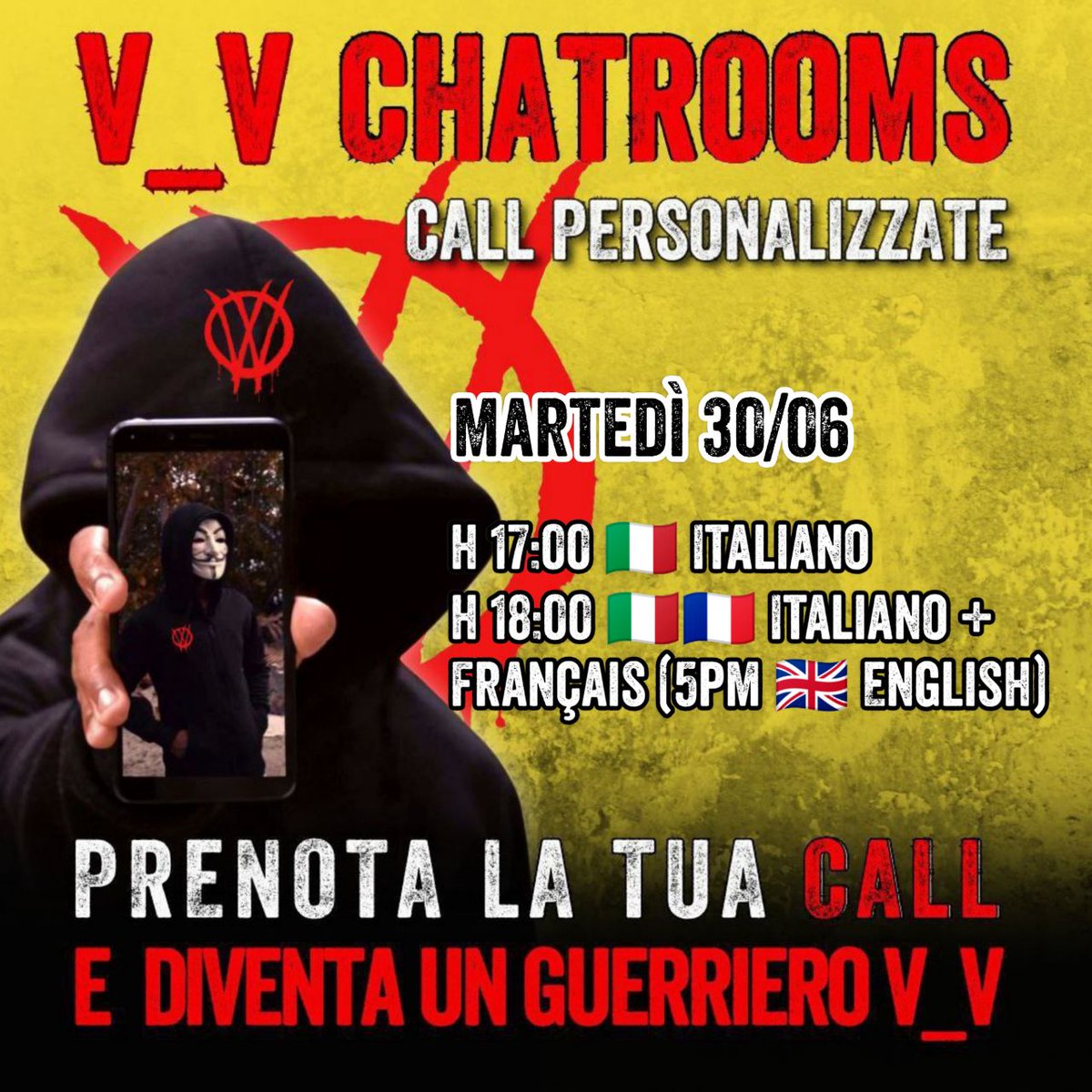 VVlibera's tweet photo. VIENI A PARLARE IN MODO RISERVATO CON UN GUERRIER0  #V_V  CHE TI SPIEGA PERCHÈ L0TTIAMO E COSA FARE PER L0TTARE ANCHE TU

ON LINE OGGI
Martedì #30giugno🔥

h 17:00 🇮🇹 Italiano
h 18:00 🇮🇹🇫🇷 Italiano + Français (5pm 🇬🇧 English)

https://t.co/nGANYpGYMo https://t.co/oAXYNaYCYY