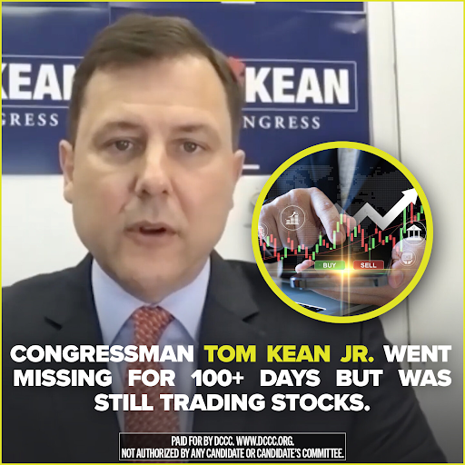 EliCousin's tweet photo. Tom Kean Jr. didn't tell his constituents where he was for nearly 4 months...but had time to trade stocks.

So the @DCCC is welcoming Kean Jr. back with a new digital ad reminding New Jerseyans that he was playing the market instead of working on their behalf.

Ask him about it⤵️ https://t.co/D9SjUOFvCk