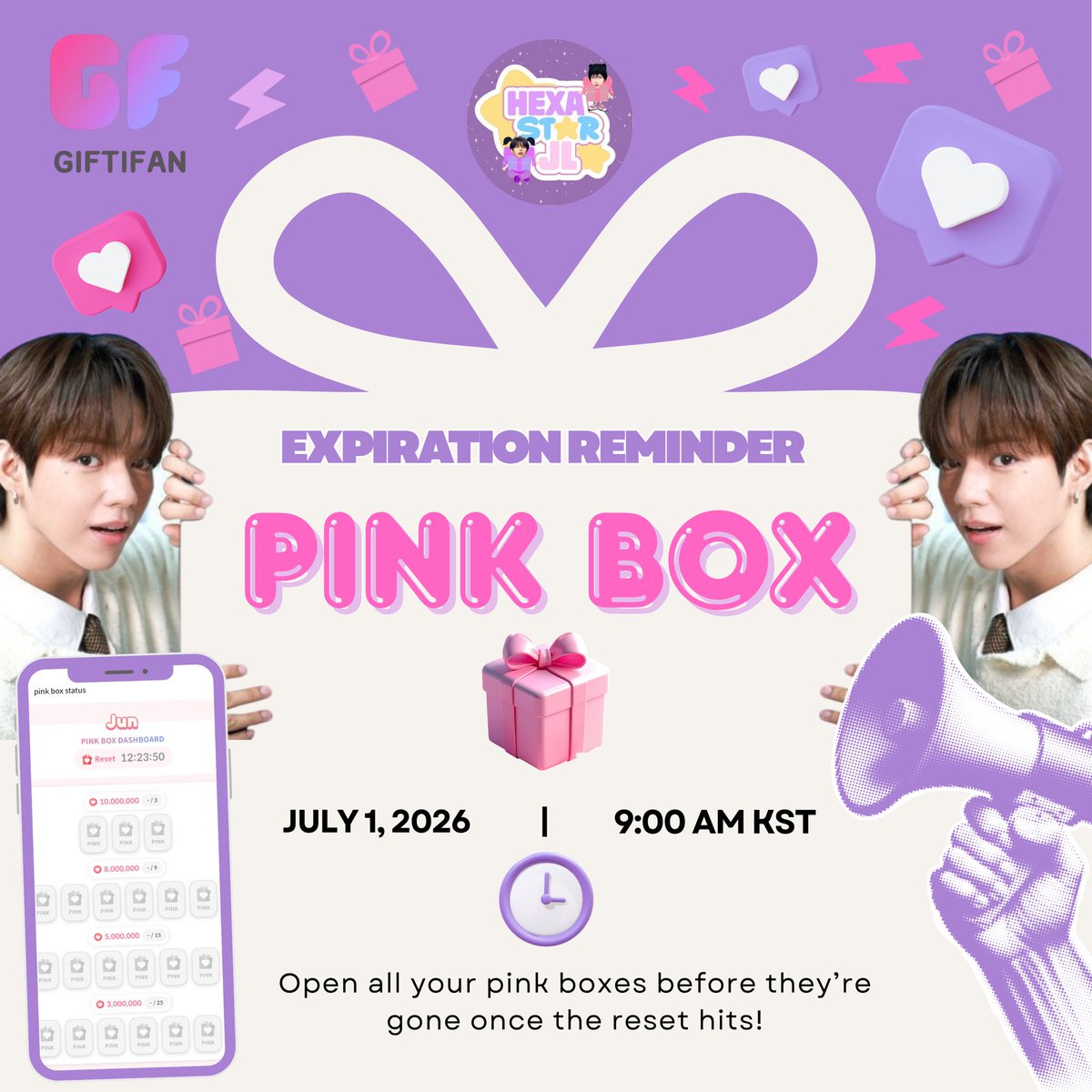 hexastarjl_vt's tweet photo. 📢 Reminder, Starflares/Byeolbitdan and JL Stans!

The pink boxes will reset tomorrow, July 1, at 8AM PHT / 9AM KST. Any unopened pink boxes will disappear. Make sure to open all your boxes before the reset so nothing goes to waste! ⏰

Save your pink energy! 🩷

#AHOF_JL #제이엘 https://t.co/dzfkfUjpmn