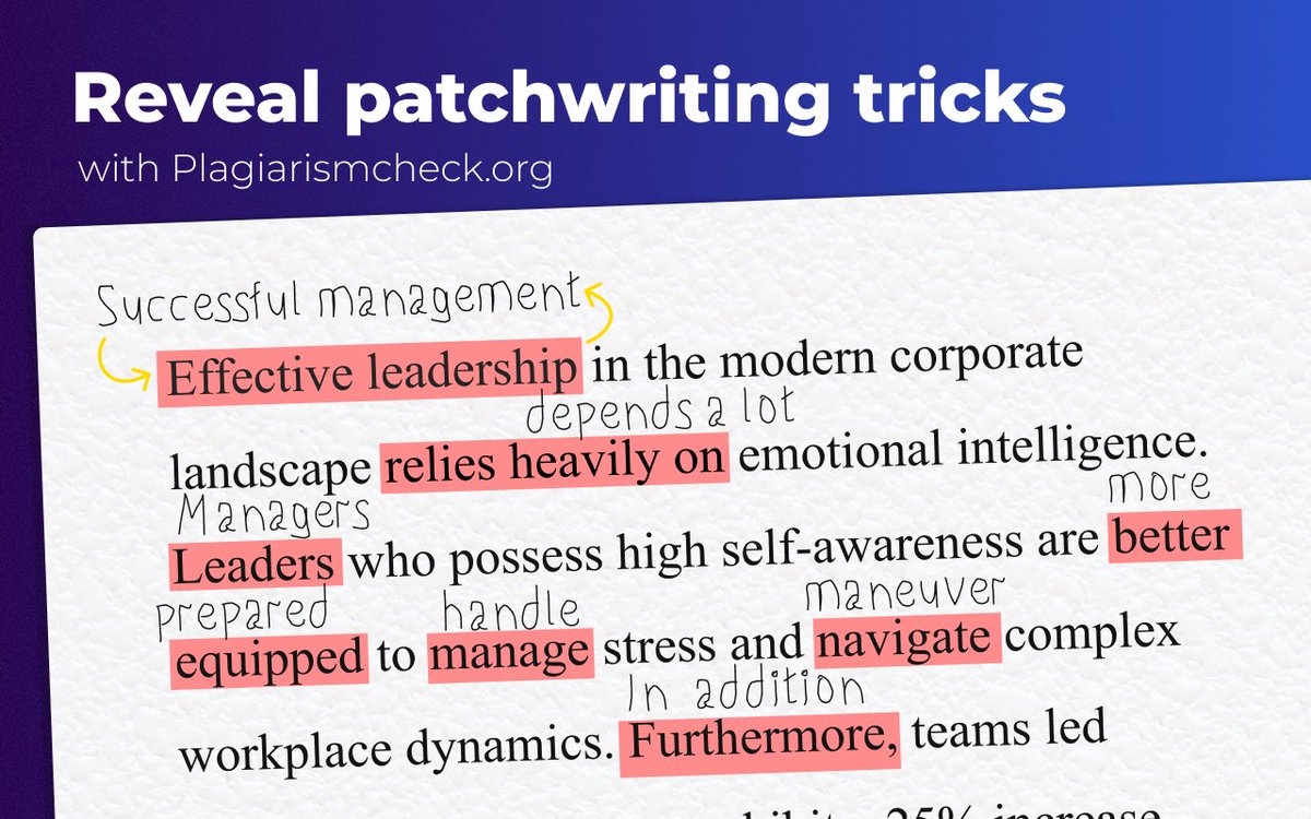 plagiarismisbad's tweet photo. We detect synonym swapping just as effectively as direct copy-pasting.
Try now at https://t.co/2Z9CypVLUN
#patchwriting #academicintegrity https://t.co/8SVAkgbUNJ