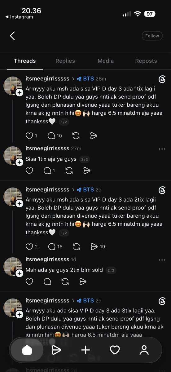 jiminikkyu's tweet photo. nemu penipuan di thread, pake foto orang jual vip harganya 6,5jt mana udah yang laku 🥲 kalian harus hati-hati banget yaa kalau mau beli ticket bts arirang jakarta ini, check dulu semuanya. + check foto di google juga https://t.co/yXDqf5YrpH