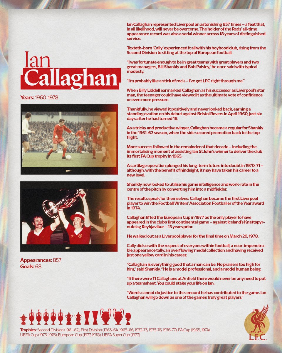 LFC's tweet photo. Liverpool's Greatest - No.10: Ian Callaghan 👏