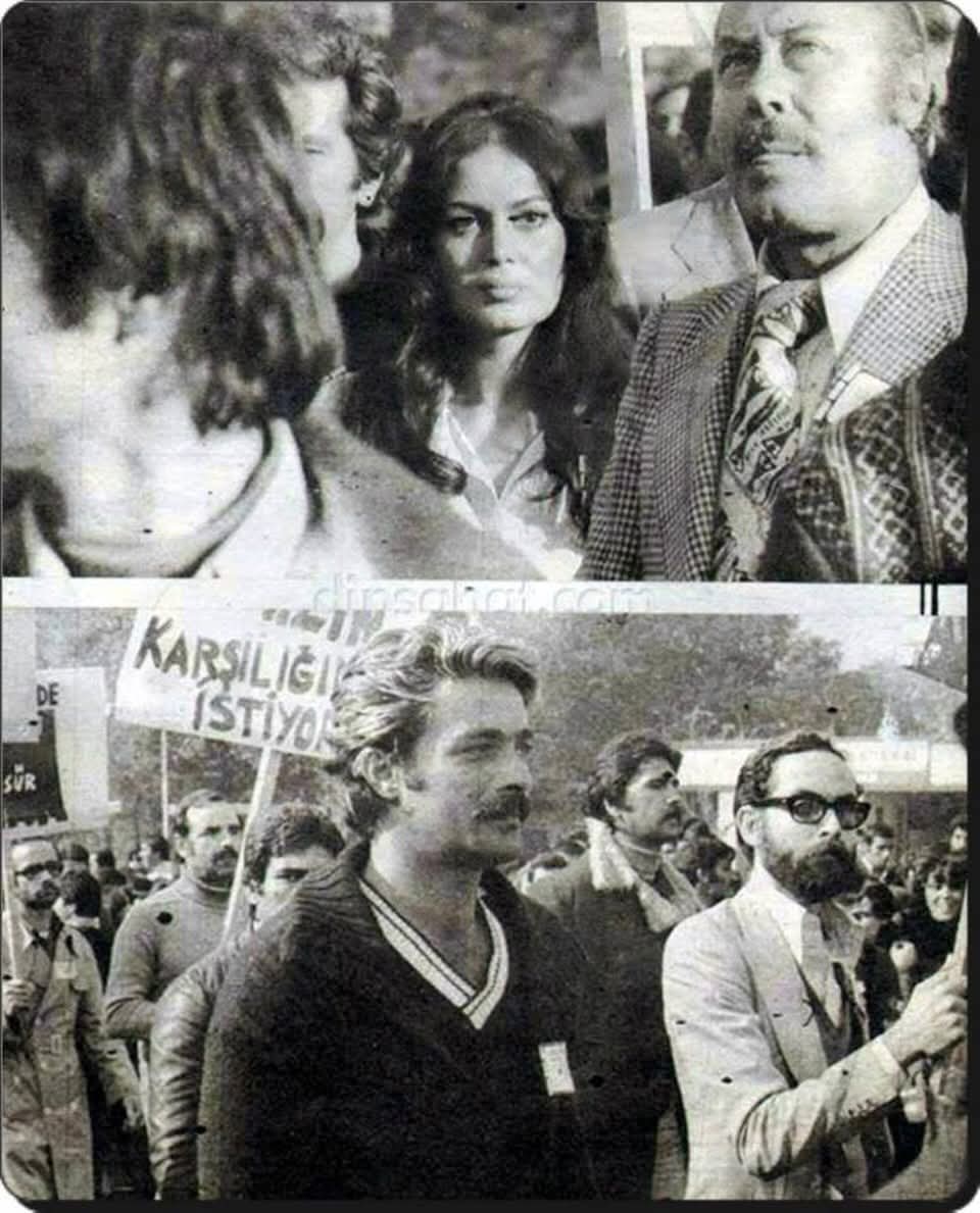 novayesilcamtr's tweet photo. Türkan Şoray ve Kadir İnanır ve arkada Kazım Kartal 1 Mayıs kutlamalarında (1970’ler) https://t.co/tmZ2MnGbAu