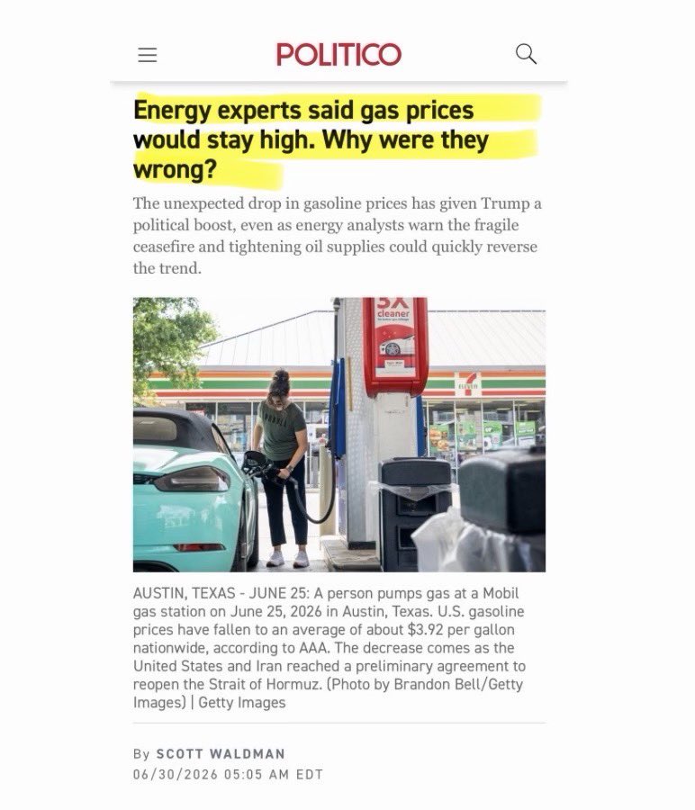 TaylorRogers37's tweet photo. Why did @Politico change their headline about falling gas prices? 

Because it absolutely *kills* them to admit that President Trump was right! https://t.co/EDLd4C8hey