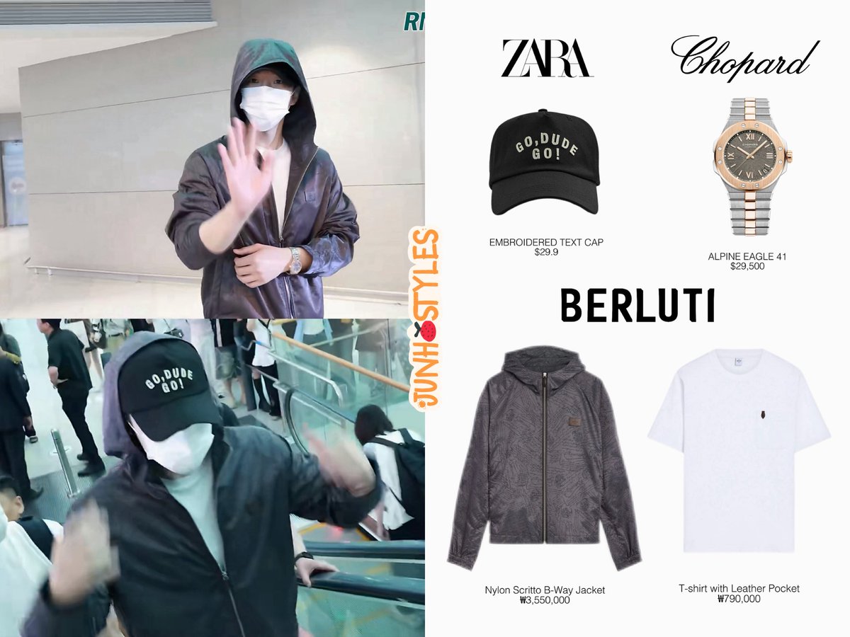 junhostyles_'s tweet photo. 260627 @dlwnsghek at ICN🛬
Zara: EMBROIDERED TEXT CAP, $29.9
Chopard: ALPINE EAGLE 41, $29,500
Berluti: Nylon Scritto B-Way Jacket, ₩3,550,000
T-shirt with Leather Pocket, ₩790,000
#이준호 #leejunho #ジュノ #李俊昊 #junhostyle https://t.co/DwMIIZUpCB