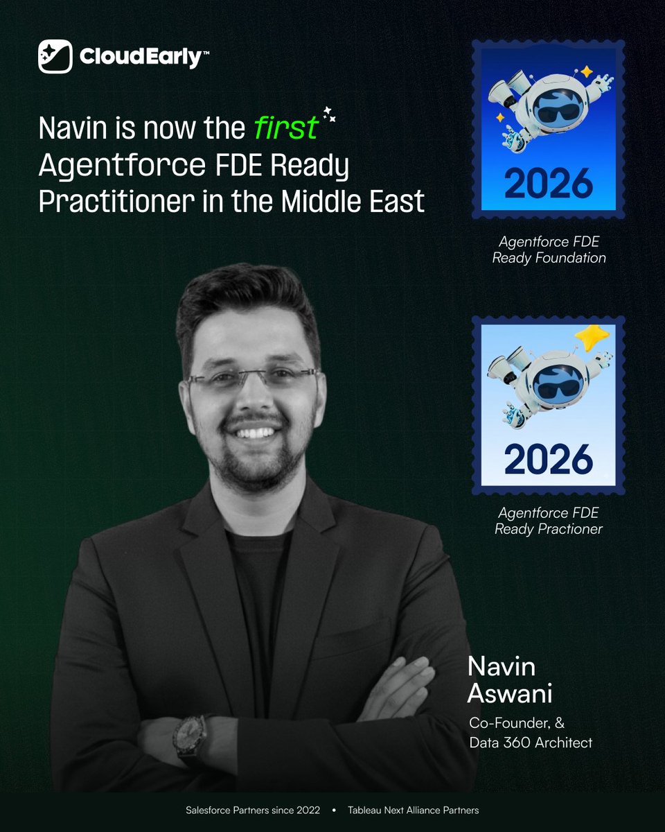cloudearlyllc's tweet photo. Congratulations to @NavinAswani1 on becoming theΒ first Agentforce FDE Ready Practitioner in the Middle East.
Here's to pushing the boundaries of what's possible with AI. π
#CloudEarly #Salesforce #Agentforce #AI #AgentforceFDE #SalesforcePartner #SalesforceDoneRight https://t.co/s2E4ek07z9