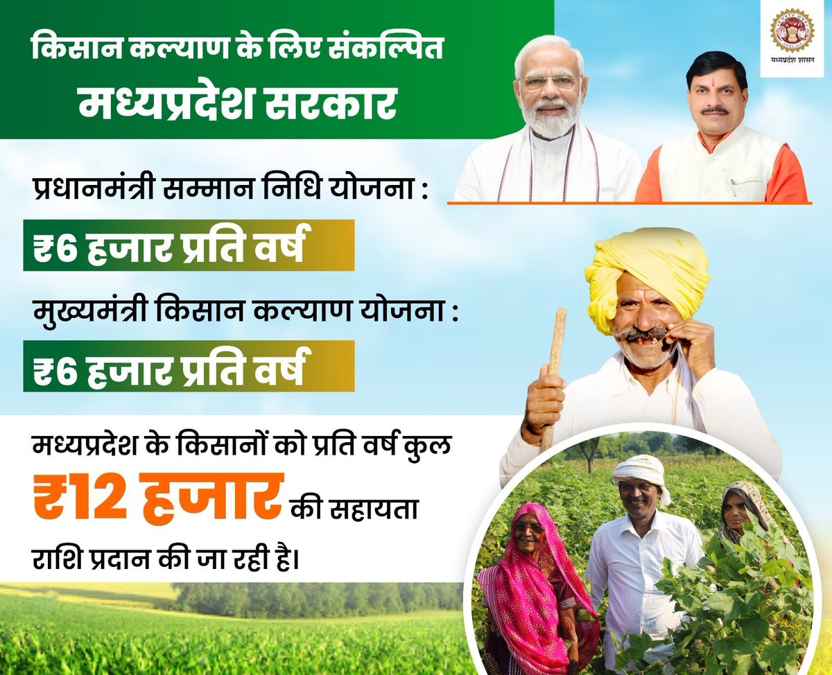 minmpkrishi's tweet photo. किसानों की समृद्धि के लिए प्रतिबद्ध सरकार
---
✅पीएम किसान सम्मान निधि: ₹𝟔,𝟎𝟎𝟎 प्रति वर्ष
✅मुख्यमंत्री किसान कल्याण योजना: ₹����,𝟎𝟎𝟎 प्रति वर्ष
✅कुल सहायता राशि: ₹𝟏𝟐,𝟎𝟎𝟎 प्रति वर्ष

@DrMohanYadav51
@JansamparkMP
@Aidalsinghkbjp https://t.co/3pemIqOdnv