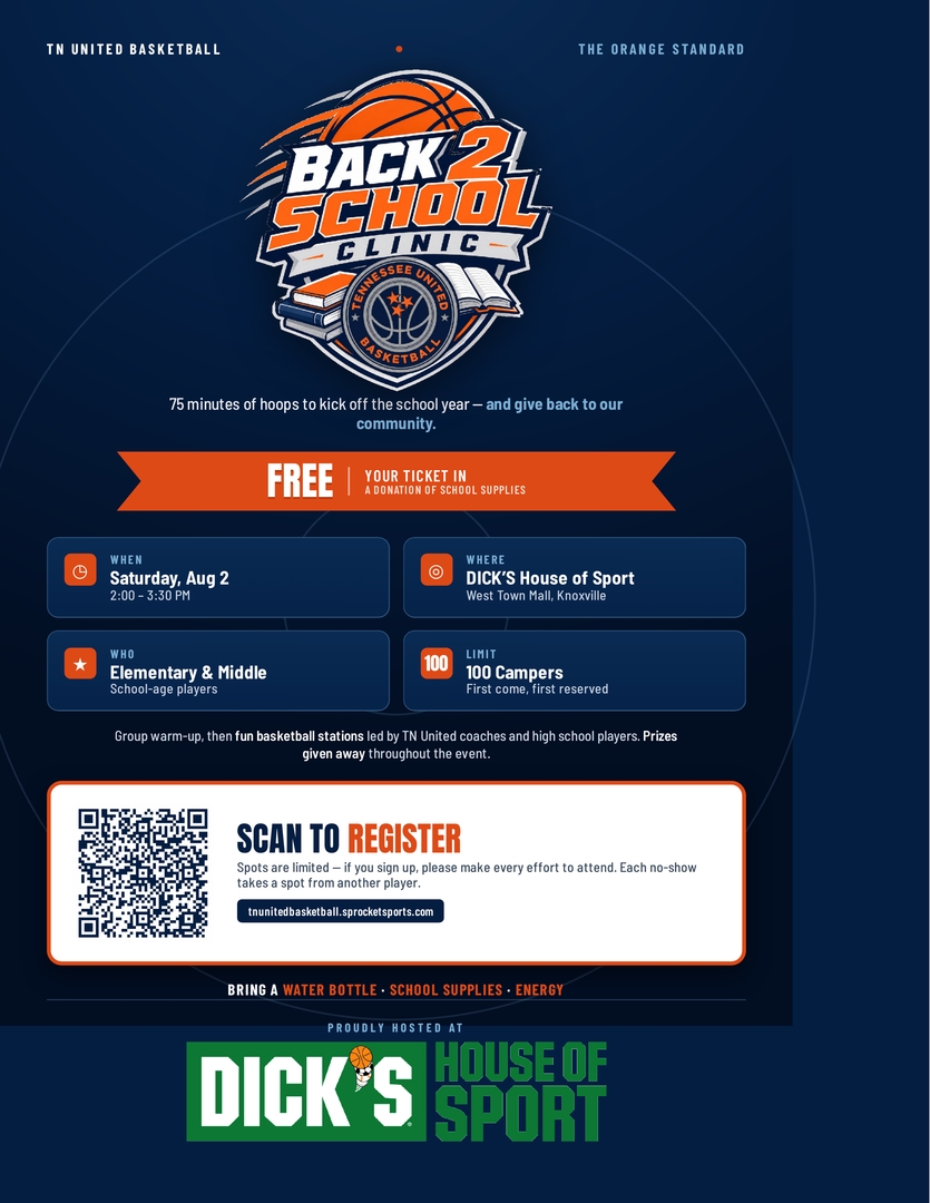 TNUnitedBall's tweet photo. Kick off the school year with us! 

FREE Back 2 School Basketball Clinic. 

Open to everyone. 

Reserve your spot today: https://t.co/2FNySG8fQE https://t.co/9n95Rsp0Ly