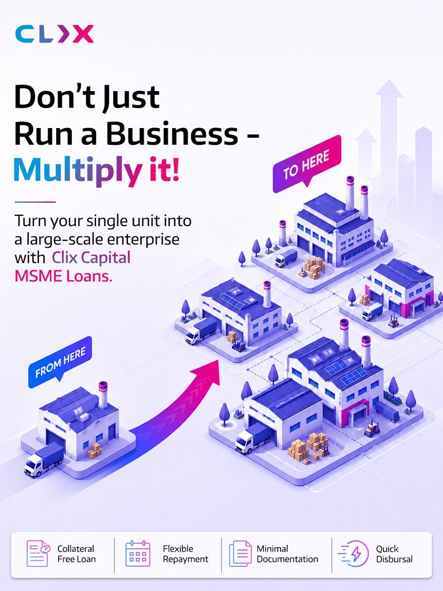clixcapital's tweet photo. Big dreams deserve bigger opportunities.

Whether you’re adding a new unit, expanding operations, or increasing capacity, Clix Capital MSME Loans help you take the next step to scale your business.

#MSMELoans #BusinessGrowth #DreamBig #ScaleUp https://t.co/G8O0Ndl8Jo