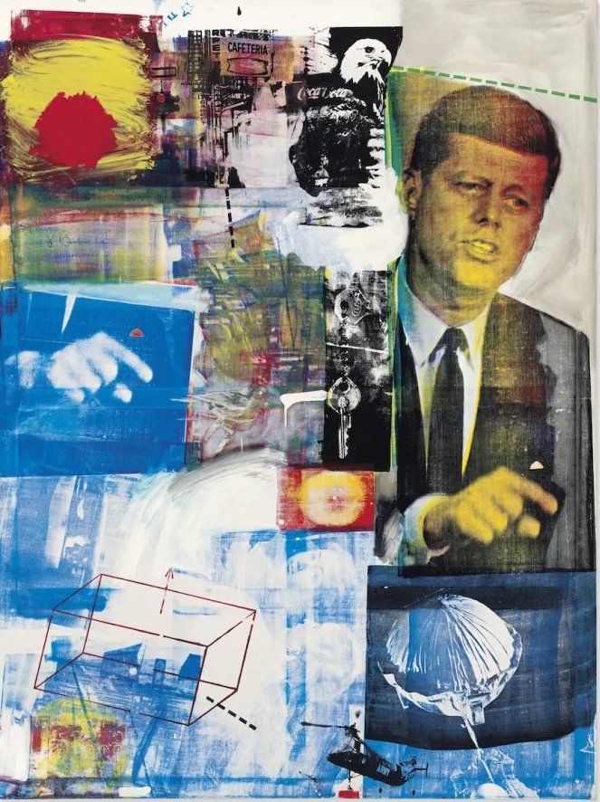 sssluke1's tweet photo. Rauchenberg's 1963 'Retroactive I' was an attempt to understand how we consume and absorb images in an increasingly crowded media. It flattened the imagery of a political leader and everyday objects to give them equal meaning. 

@bis__cut  does something similar in his collage work but with an updated zeitgeist. Instead of mainstream news or everyday objects, the subject matter is deep internet detritis, that feel very obscure and hyper specific. In this particular piece the lightening seems to suggest an overheating. Like online consumption has reached some sort of breaking point. 

Rauchenberg was pointing towards something we take for granted now. The way images are flattened within mass media. Whilst I'm not attempting a direct hyperbolic comparison, Biscuit is extending that particular gesture further. The layering of obscure Chinese playing card, NPC memes, alien conspiracy pics, obscure unreferenced text, all dredged from within the internet's depths. It pushes collage into a more disorientating state, maybe reflecting the current state of consciousness that we find ourselves in. 

Back in the 60s a photo of Kennedy signalled hope, or sadness after his assasination. In our modern age with political fatigue I'm not sure it means much beyond its memetic power. Its presence only or equally as powerful as a NPC meme.
