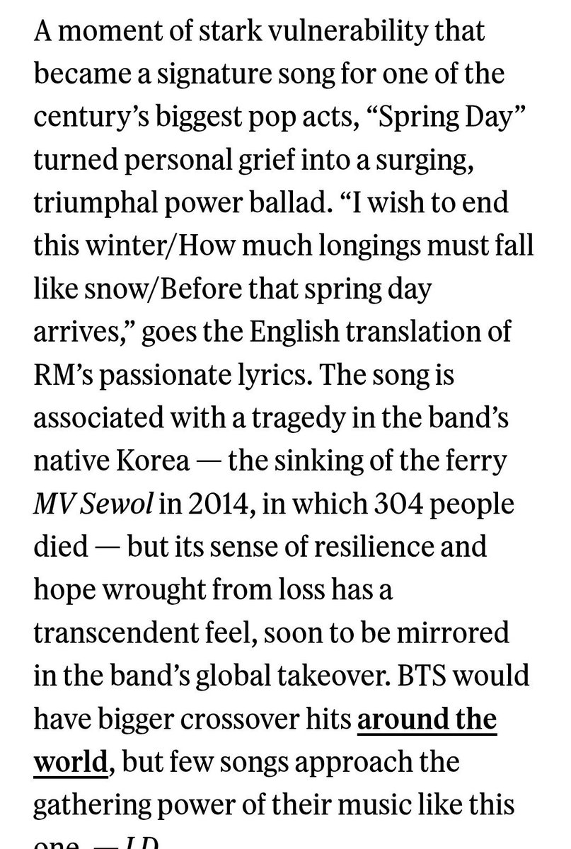 Zero_OClock13TS's tweet photo. DATO🔝 ✨️ : 

Spring Day de #BTS esta en el puesto 37 de las Mejores 250 Canciones de la Revista 'RollingStone'

"Spring Day" convirtió el dolor en esperanza. Un himno de resiliencia y consuelo que sigue siendo una de las canciones más poderosas y queridas de BTS. 💜 https://t.co/2780l5QNIb