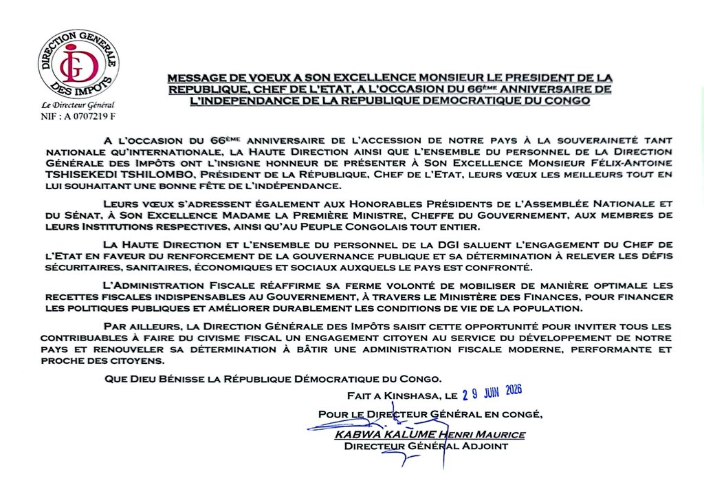 dgi_rdc's tweet photo. En ce 66ᵉ anniversaire de l’indépendance de la République Démocratique du Congo, la Direction Générale des Impôts présente ses vœux les meilleurs au Président de la République, aux membres des Institutions de la République et à tout le peuple congolais. https://t.co/Vv1rAY65Yv