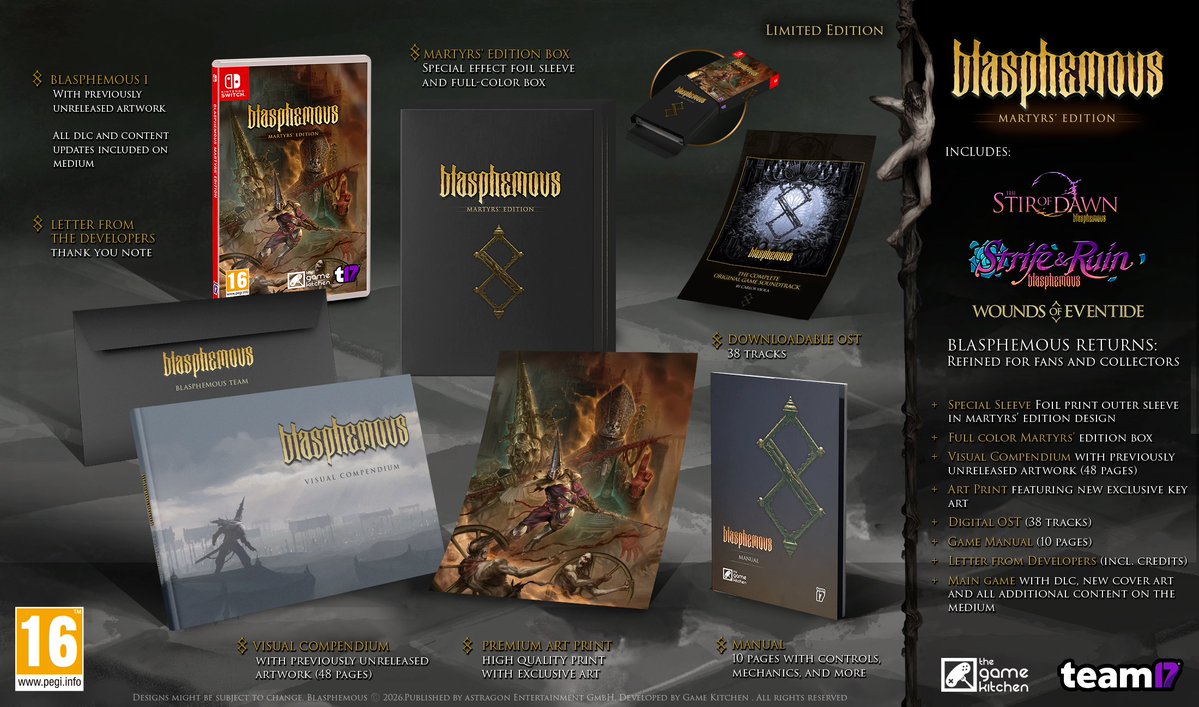 Team17's tweet photo. For fickle are the wishes of the Miracle, Sinners. 

We present Blasphemous: Martyrs' Edition, a premium physical collector's edition, arriving on October 30th, 2026 for PlayStation 4 and Nintendo Switch.  

Pre-orders will begin rolling out at participating retailers across Europe and North America over the coming days, priced at 49.99€ / $49.99 / £44.99.  

More info here: https://t.co/WhqfXol8QM