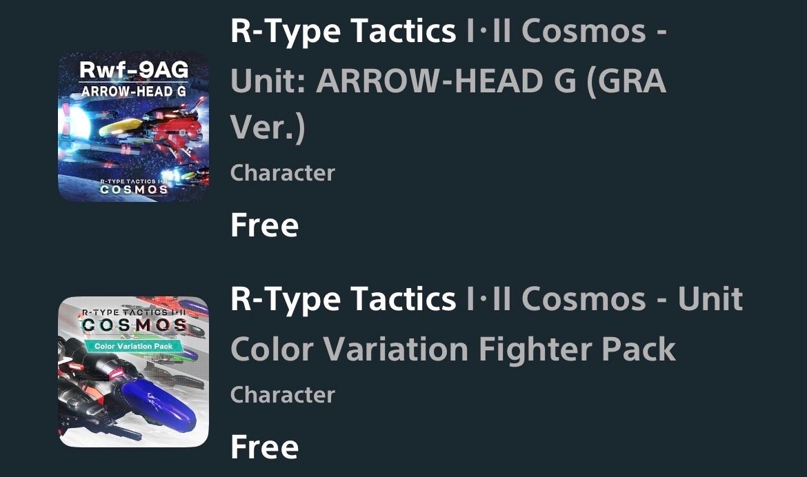 FreeOnPS's tweet photo. PS4 and PS5: R-Type Tactics I･II Cosmos - Unit: ARROW-HEAD G (GRA Ver.), and Unit Color Variation Fighter Pack [DLC] https://t.co/fy0L8jjJ2K