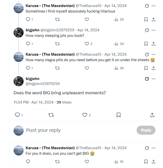 TheKarusa15's tweet photo. Man 2024 was such a golden year for fucking with bots. Nowadays most of them have me blocked 😭 https://t.co/Aq0n8HW0Jj