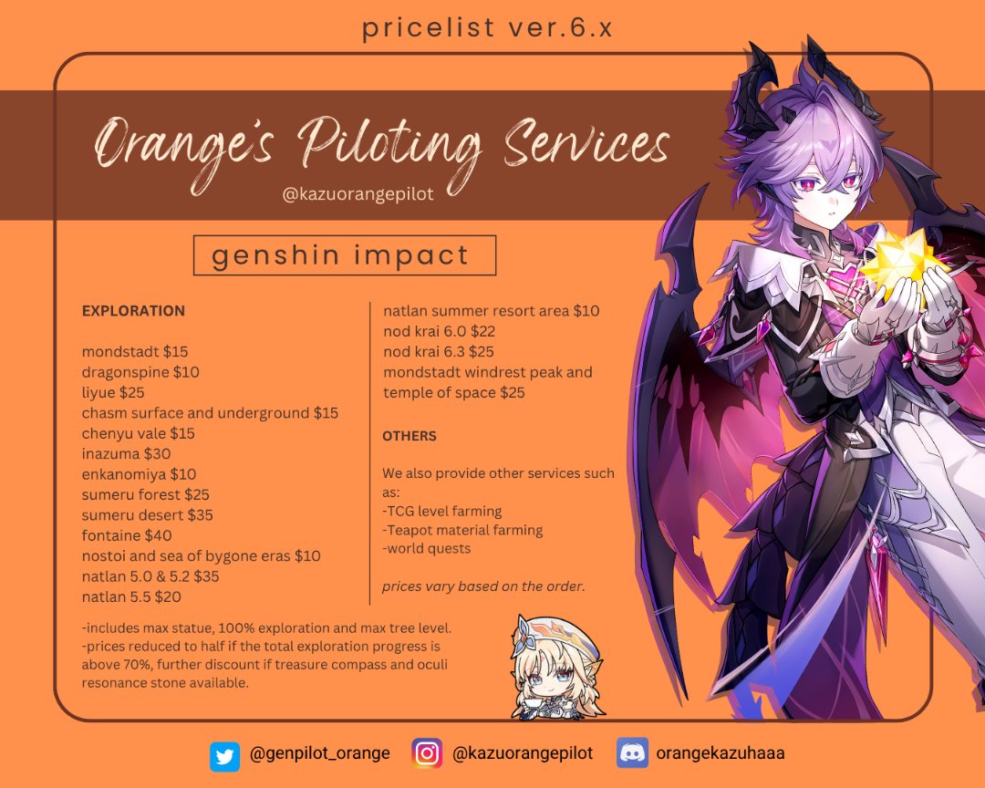 genpilot_orange's tweet photo. 🍊Orange's Piloting Services!!
open for Genshin Impact and Honkai Star Rail!
◇ 90+ services completed, see proofs below
◇ Check prices on my card: https://t.co/rEYiaOBE0w
◇ DM me for placing an order!
#GenshinImpact #genshinpilot #hsr #genshintwt lf pilot exploration https://t.co/mJaTLdJUIi