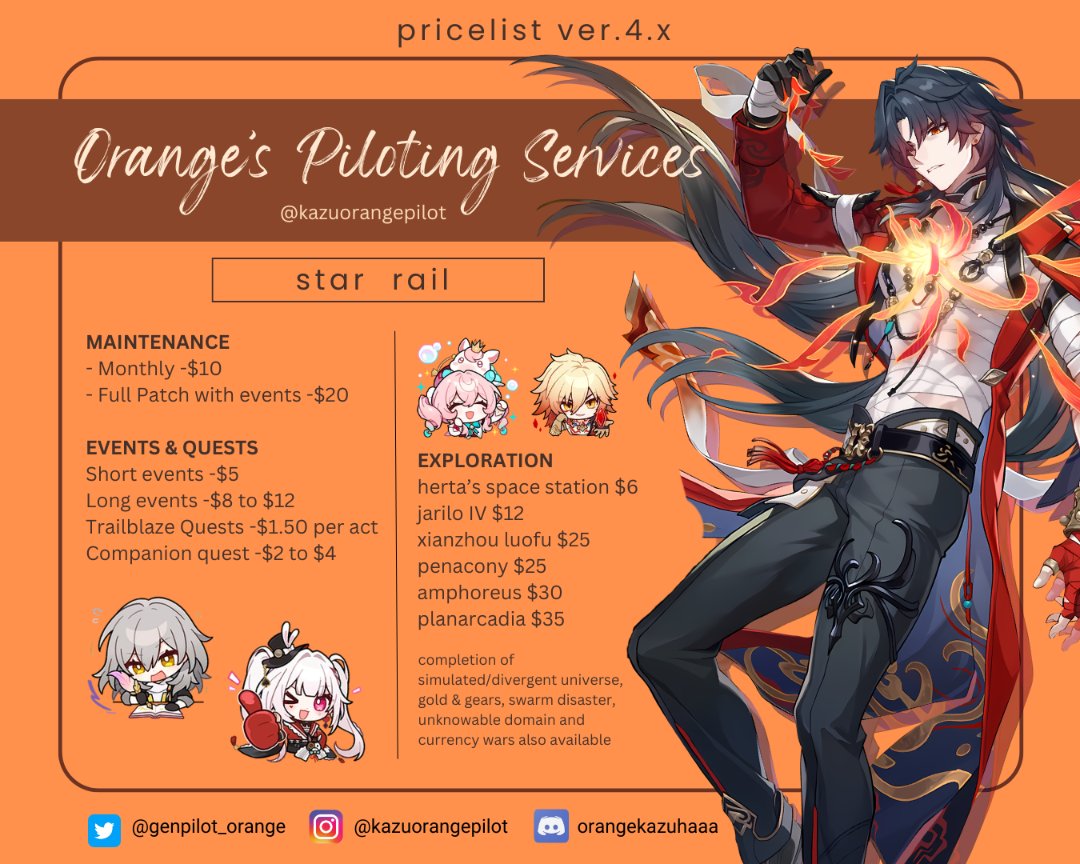 genpilot_orange's tweet photo. 🍊Orange's Piloting Services!!
open for Genshin Impact and Honkai Star Rail!
◇ 90+ services completed, see proofs below
◇ Check prices on my card: https://t.co/rEYiaOBE0w
◇ DM me for placing an order!
#GenshinImpact #genshinpilot #hsr #genshintwt lf pilot exploration https://t.co/mJaTLdJUIi