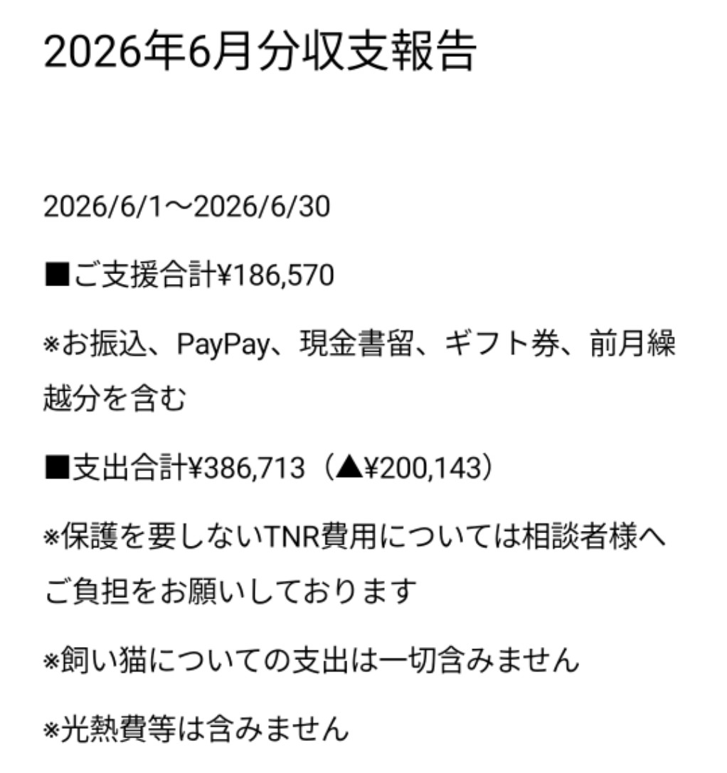 COCOねこより🐾 【2026年6月分収支報告】 いつも温かく支えて頂き誠に