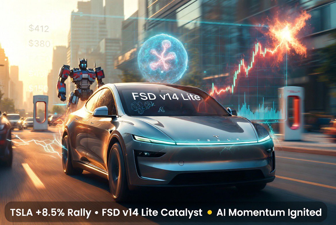 TimKrimmel's tweet photo. TSLA just exploded +8.5% yesterday to close at $411.84! 🔥

The catalyst? FSD v14 Lite starting to roll out more widely + analysts raising Q2 delivery estimates (Goldman near 420k, others in the 413k–418k range).

While the stock can be volatile short-term, moves like this highlight the growing conviction in Tesla’s AI + robotics pivot. 

Smarter FSD, deeper Grok integration, Cybercab production ramping. Positive news keeps stacking.

Big days like yesterday are a reminder why patience on the vision matters.

$TSLA
