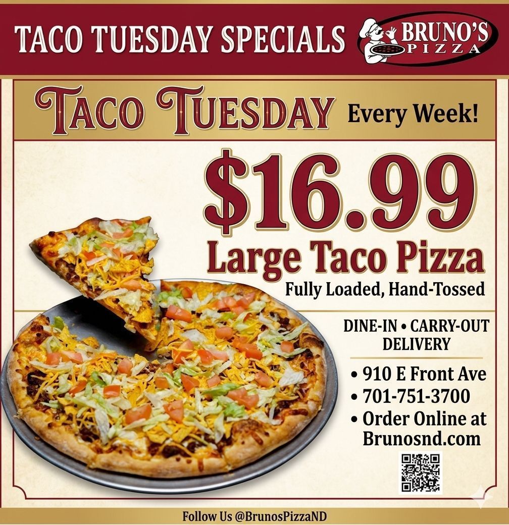 Bruno910e's tweet photo. Available for Dine-In, Carry-Out, and Delivery. Skip the cooking and let us handle dinner tonight!
Visit us or order now:
📍 910 E Front Ave
📞 701-751-3700
💻 Order Online at https://t.co/3BadGEO1rB
#TacoTuesday #PizzaNight #BrunosPizza #BismarckEats #PizzaLovers https://t.co/sMMCnqiU6B