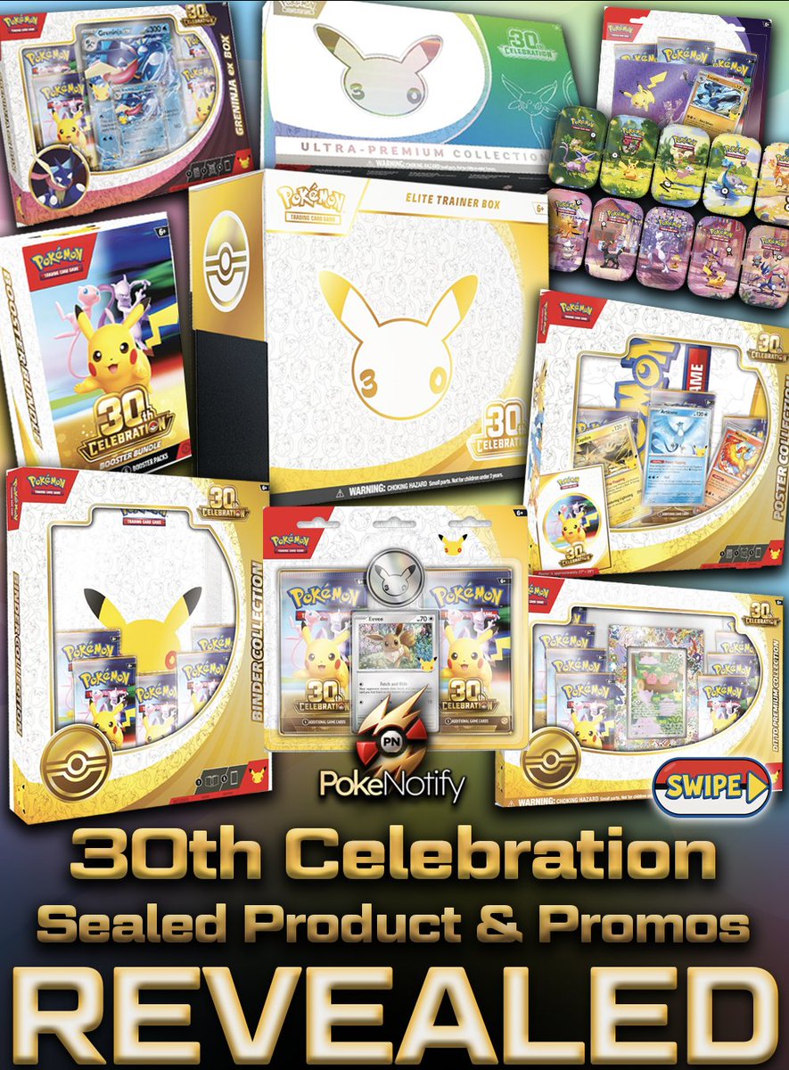 PokeNotifyX's tweet photo. 🚨 THE ENTIRE 30th ANNIVERSARY LINEUP JUST LEAKED... 🚨

This might be one of the strongest Pokémon product lineups we've ever seen. 👀🔥

Ultra Premium Collections. ETBs. Booster Bundles. Binder Collections. Figure Collections. Premium Collection Boxes. Battle Decks. Tech Sticker Collections...and more.

If this is only the beginning, Pokémon's 30th Anniversary is about to be absolutely insane. 🤯

⚡ We'll be tracking every preorder, restock, early link, and retailer drop the moment they go live.

🎯 Join the PokeNotify Discord today so you're ready before preorders begin. Link in bio. 🔥

Which product are you grabbing first? 👇
#Pokemon #PokemonTCG #Pokemon30