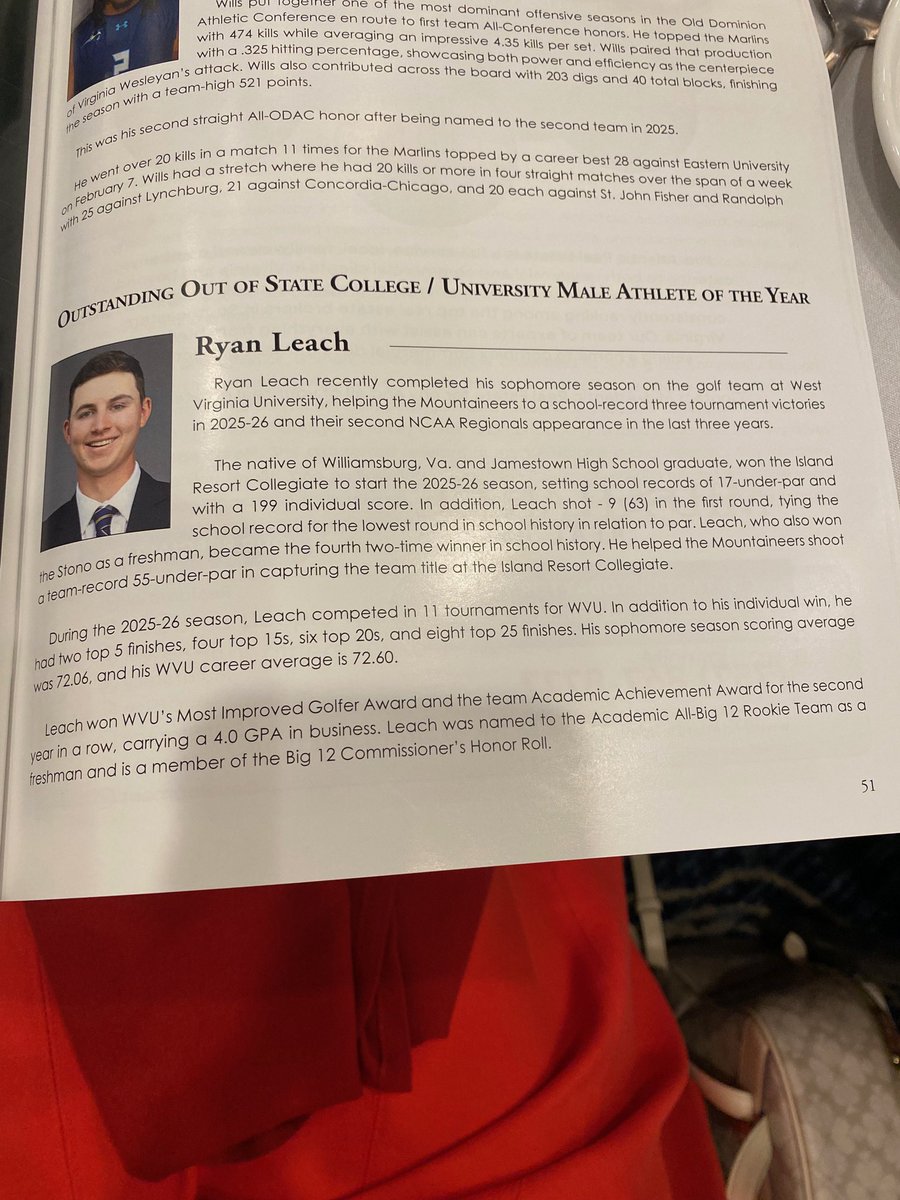 WVUGolf's tweet photo. Congratulations to Ryan Leach, who was named the Out of State College 2026 Male Athlete of the Year by the Peninsula Sports Club! https://t.co/FGAIHkj3Vt