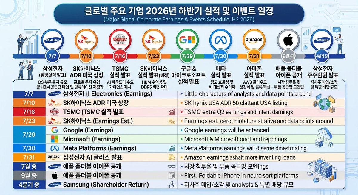 Oxcoinsignal's tweet photo. 향후 주요기업 실적 발표 일정🤔

-7/7 : 삼성전자 잠정실적 발표 (or 7/6)
-7/10 : SK하이닉스 ADR , 미국 상장
-7/16 : TSMC 실적발표
-7/23 : SK하이닉스 실적발표 (예정)
-7/29 : 구글 실적발표
-7/29 : 마이크로소프트 실적발표
-7/30 : 메타 실적발표
-7/31 : 아마존 실적발표
-7월 : 삼성전자, AI글라스 발표 예정
-9월 중 : 애플 첫 폴더블 아이폰 공개
-4분기 중 : 삼성전자 주주환원 발표