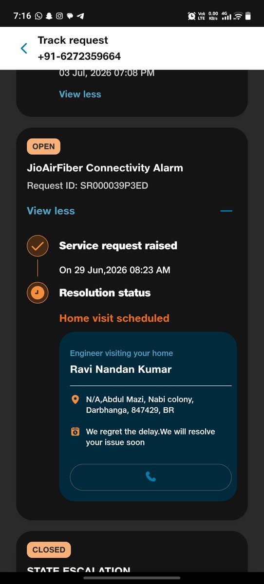 im_mazid's tweet photo. @JioCare Service Request SR000039P3ED. Technician Ravi Nandan Kumar(9693811433 )called me, behaved rudely, and refused to visit, saying "Main nahi aaunga, aapka har mahine kharab hota hai." Please assign another technician and take strict action. #JioAirFiber #CustomerService https://t.co/w72xdXoz14