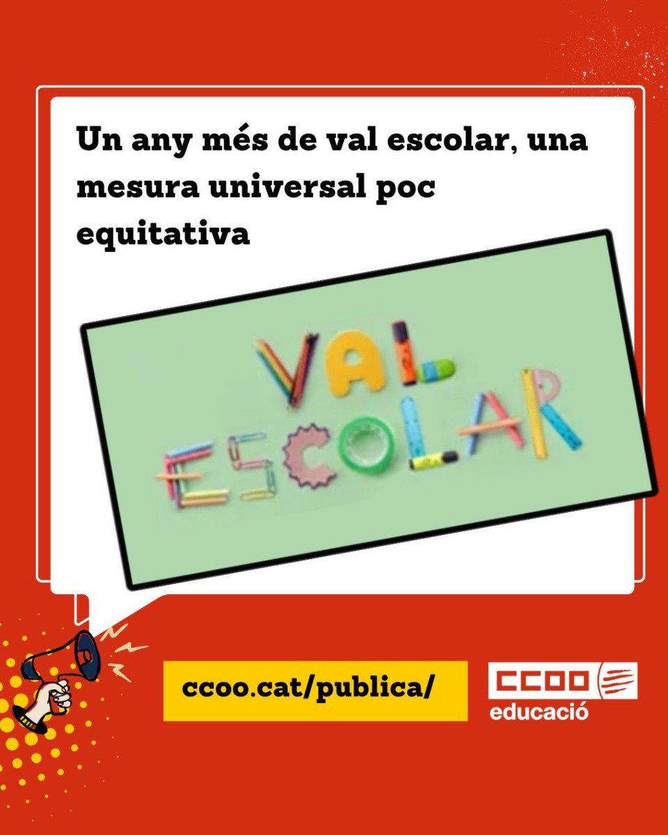 CCOOpublica's tweet photo. 😥 Un any més de val escolar, una mesura universal poc equitativa

🗣️ Tornem a manifestar el nostre rebuig ferm a una mesura que té un transfons molt poc equitatiu

❌  La campanya continua girant l'esquena a la comunitat educativa

🔗 https://t.co/LV27rGOiNG https://t.co/RJAmTSFNpJ