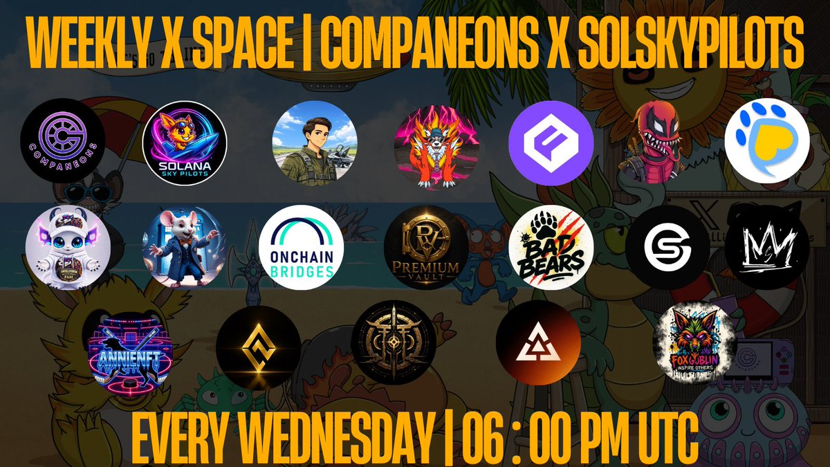 solskypilots's tweet photo. 🚨 PILOTS OF THE SKY × COMPANEONS GAMING TOWER — LIVE X SPACE 🚨

📅 Wednesday
⏰ 6:00 PM UTC
🎙️ Hosted by @solskypilots
Join us for an exciting conversation with founders, builders, creators, and community leaders shaping the Solana ecosystem. Expect valuable insights, networking, and alpha you won't want to miss. 🚀
🎤 Featured Speakers

@Companeons
@UniFy_io
@chiefdopefox
@ThowsandPercent
@YseNft
@PawpularApp
@OnchainBridges
@AngelusbobRh
@narrrf12345
@Chase_684
@BadBearsOnSOL 
@Gensuki_ 
@SoluzOnSol
@AnnieNFT0616 
@noble_bynyrial 
@CelestialYokais 
@UnityAcademy 
@fox_goblin 

🎁 Rewards
💜 5 Winners — $5 MystiKeys each
💜 Every active listener receives a $1 MystiKey
✨ Plus surprise live rewards throughout the Space!

💬 We'll Cover
• Solana Ecosystem
• Community Growth
• Strategic Partnerships
• Bots & Automation
• NFT Utility
• Marketing Strategies
• Web3 Operations
• Alpha & Networking

🚀 How to Join
✅ Follow @solskypilots and all speakers
🔁 Like, repost & tag 3 friends
🎙️ Join the Space and be part of the discussion

🔗 Set your reminder:
https://t.co/jlTFNsNnI5

👇 Comment "SPACE" if you're joining!
#Solana #Web3 #Crypto #NFT #DeFi #XSpace #TwitterSpaces #SolanaNFT #CryptoTwitter #Community #Builders #Marketing #Partnerships #Alpha #MystiKeys