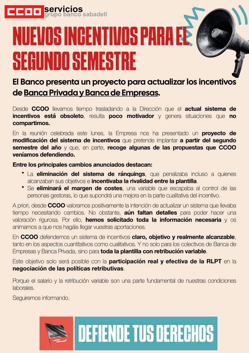 CCOO_Sabadell's tweet photo. 💶 El Banco plantea cambios en los incentivos de Banca Privada y Empresas, incorporando parte de nuestras reivindicaciones.

📅. Quieren aplicarlo en el segundo semestre ✅ Se eliminan los ránquings y el margen de costes.

📮Lee todo el comunicado para saber más https://t.co/VH9FxPfLWH