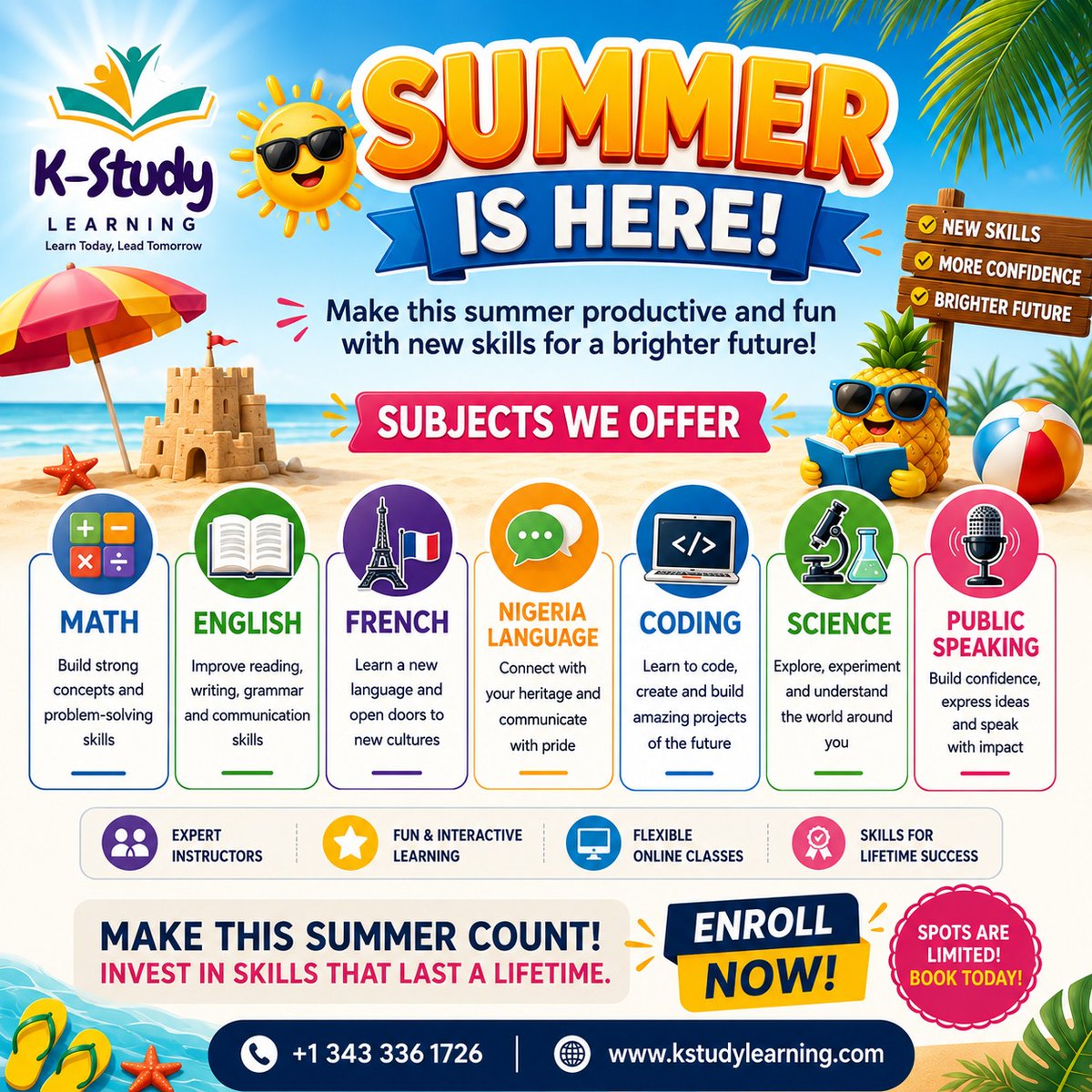 KstudyLearning's tweet photo. Summer is here!

Turn screen time into skill time with fun, live classes in Coding, Math, English, Science, French, Nigerian Languages, and Public Speaking.

 DM "SUMMER" to get started.

🌐 https://t.co/SF6QihxPqF

 #SummerLearning #FutureReadyKids #CodingForKids #OnlineLearnin https://t.co/z5CN824Jlj