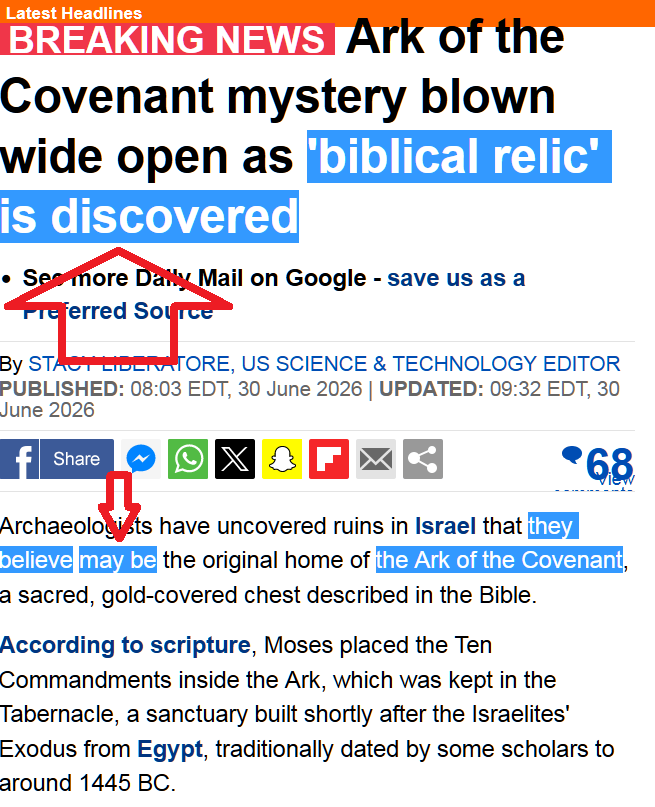 SixxisD1344's tweet photo. More #FakeNews and #ClickBaiting "News" from the #DailyFail.. they must LOVE the words "MAY BE" despite Headlines HEAVILY suggesting the Story is FACTUAL.. it happens FAR too often to be "just by chance".. #ClickBait Bullshit is what it is! > now THAT is FACT!!! #ArkoftheCovenant https://t.co/0zthhePD1U